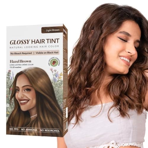 Image of No Bleach Hazel Brown Glossy Hair Tint – 5 Light Brown – Ammonia-Free Hair Colour for Natural Black Hair – Visible Tint with Anti-Fade Conditioner – Long-Lasting Shine