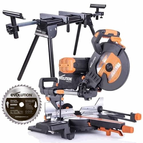 Image of Evolution Power Tools R255SMS-DB+ 255mm Double Bevel Sliding Mitre Saw, Multi-Material Cuts Metal, Wood, Plastic & More - with Plus Pack Includes Clamps, Double Bevel Mitre Saw & Stand Bundle