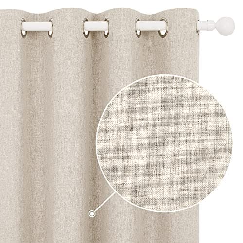 Image of Deconovo 100% Blackout Curtains Faux Linen Thermal Insulated Eyelet Curtains for Bedroom W46 x L54 Inch Pale Khaki One Pair