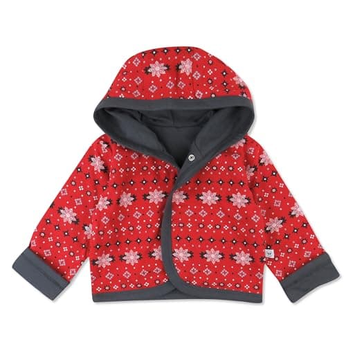 Image of HonestBaby - Reversible snap front hoodie, 100% organic cotton, for babies and girls, Fair Isle Red, 3-6 Meses