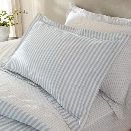 Image of furn. Yard Hebden Mélange Stripe 100% Cotton Pillowcase Pair – Soft Textured Striped Design (Mineral Blue – 50x75cm)