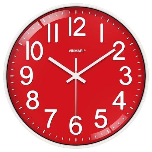 Image of VIKMARI 12 Inch Red Wall Clock, Silent Easy to Read Modern Clock for Bedroom Home School Kitchen Living Room Office