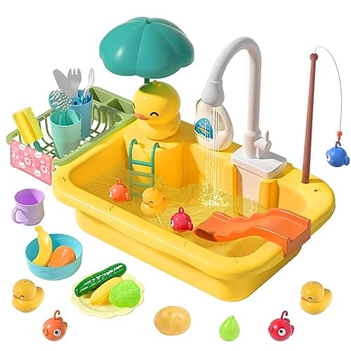 Image of cute stone Play Sink with Running Water, Kitchen Toys Upgraded Electric Faucet, Food Toys, Pool Floating Fishing for Water Play, Kids Role Dishwasher Toy Gift Boys Girls, Yellow (CS606005)