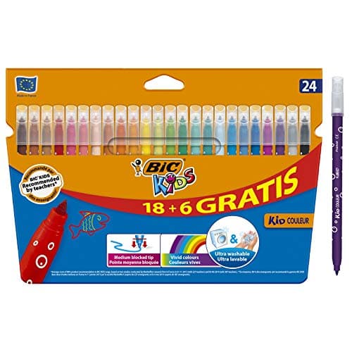 Image of BIC Kids Kid Couleur Felt Tip Colouring Pens - Cardboard Wallet of 24 Ultra-Washable Pens - Assorted Colours - Medium Point