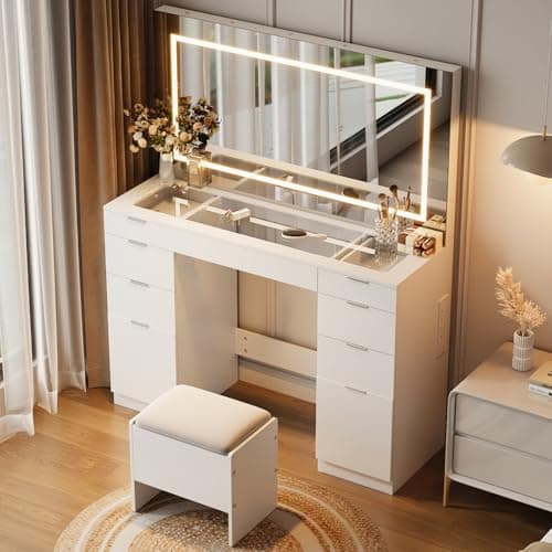 Image of Warmiehomy Dressing Table with Large LED Adjustable Brightness Mirror and Stool Vanity Table with 9 Drawers Storage,Adhesive Hair Dryer Rack and Built-In USB Outlet White Makeup Desk(117x40x142cm)