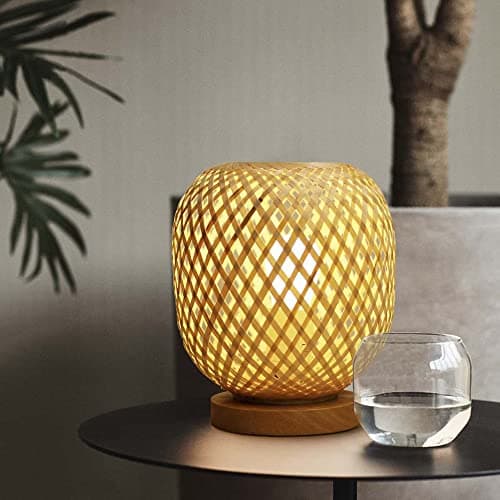 Image of HUAMI Bamboo Lampshade Bedside Table Lamp Wooden Base Bedroom Lamp Handmade Decorative Night Light for Wedding Party Indoor Bedroom Dining Room Outdoor Gift Garden Balcony(E27 Bulb Included)