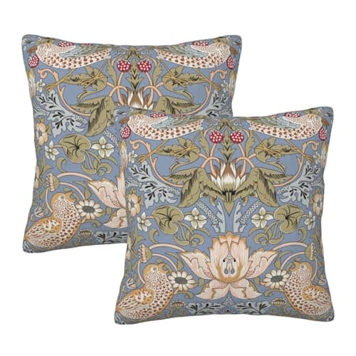 Image of Ideeze Vintage Floral Bird Strawberry Thief Throw Pillow Covers Set of 2 William Morris Pillowcases Cushion Case Square for Soft Home Decor Bed Couch Car Living Room 18x18 Inch
