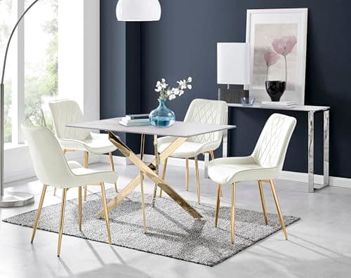Image of Furniturebox UK Leonardo White Glass Marble Effect Gold Leg Table & 4 Cream Pesaro Gold Leg Chairs
