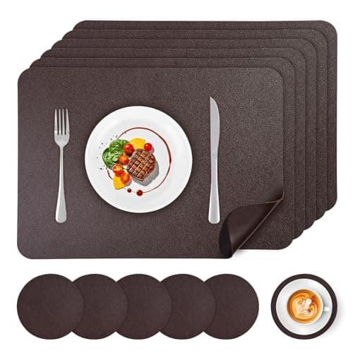 Image of APLKER Faux Leather Placemats and Coasters Set of 6, Wipeable Waterproof Oil-Proof Heat Resistant Table Mats for Dining, Kitchen, Hotel, 16.9 x11.8 inches（Large Place Mats）- Coffee
