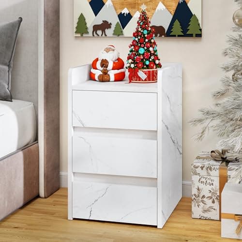 Image of YITAHOME Bedside Table with 3 Drawers and Power Station, Modern Nightstand End Table, Water-Resistant Storage Side Table for Living Room and Bedroom, 35 x 40 x 59cm (Marble White)