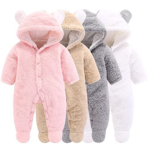 Image of Winmany Newborn Baby Cartoon Bear Snowsuit Winter Coat Fleece Hooded Romper Jumpsuit (6-9Month, Pink)