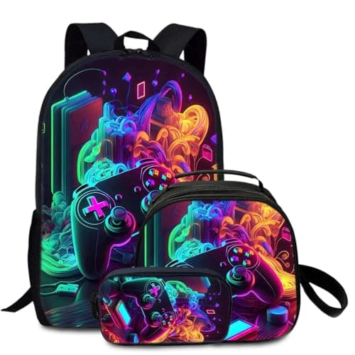 Image of Fakcrkun Gaming Backpack for Boys, 3 Pcs Gaming Themed School Backpack Set with Lunch Bag & Pencil Case,Large Capacity School Bag Waterproof Lightweight Laptop Backpacks for Teenagers & Students