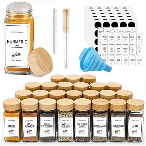 Image of Yibaodan 25 Spice Jars with Labels And Bamboo Lids, 4OZ , Glass Spice Containers with Shaker xLids Seasoning Jars Bottles with 120 Labels for Spice Rack Cabinet Drawer