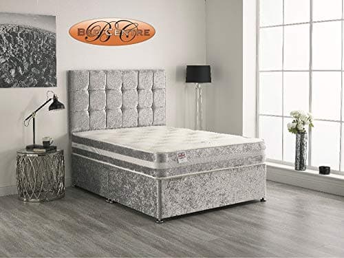 Image of Bed Centre Silver Crush Velvet Divan Bed Set – 3 ft Single (90×190 cm) with Sprung‑Memory Mattress, Padded Headboard & 2 Same‑Side Drawers | Medium‑Firm Orthopaedic Support | UK Made