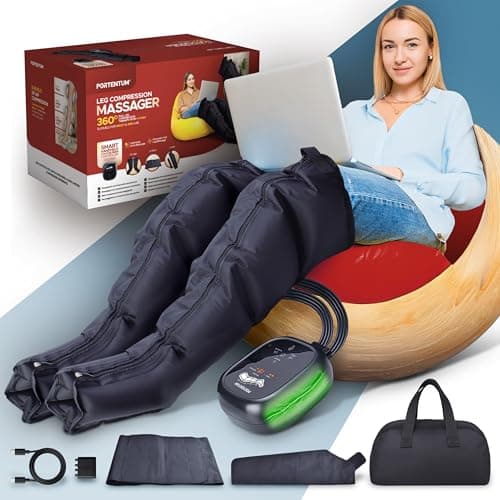 Image of PORTENTUM Leg Massagers for Pain and Circulation with Rechargeable Battery – 8 Modes – 3 Intensity Levels – Remote with LCD Screen – USB-C with Cable – with arm and Waist Accessories – Travel Bag