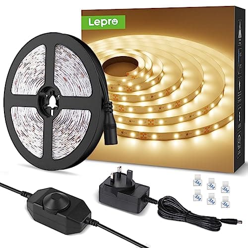 Image of Lepro Warm White LED Strip Light 5M 300 LEDs, 1650lm Dimmable LED Tape Lights, 3000K Flexible LED Lights for Bedroom Kitchen Under Cabinet Wardrobe Stair (12V Power Plug and Dimmer Switch Included)
