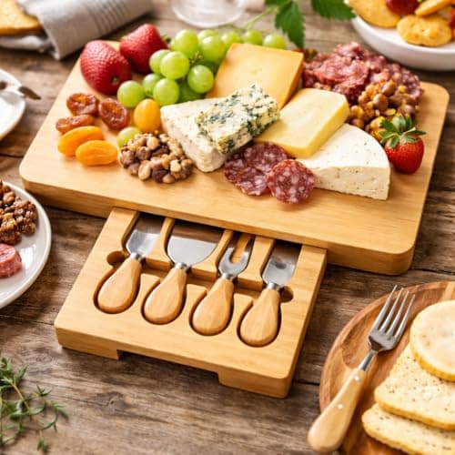 Image of Deluxe Bamboo Cheese Board and Knife Set - Charcuterie Gift Set - Premium Chopping Board for Kitchen Oval Serving Tray with Stainless Steel Knife Set Gift