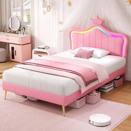 Image of 3ft Single Bed Frame Upholstered Platform Bed with LED Adjustable Crown Shape Headboard, Wood Slat Support, No Box Spring Needed, PU Leather Youth Beds for Adults Kids Teenagers, Pink, 90x190cm