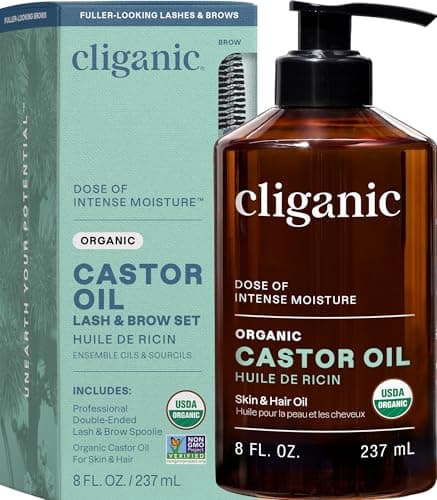 Image of Cliganic Organic Castor Oil, 100% Pure (240ml with Eyelash Kit) - For Hair, Lash, Brows & Skin | Natural Cold Pressed Unrefined Hexane-Free | DIY Carrier Oil | Cliganic 90 Days Warranty