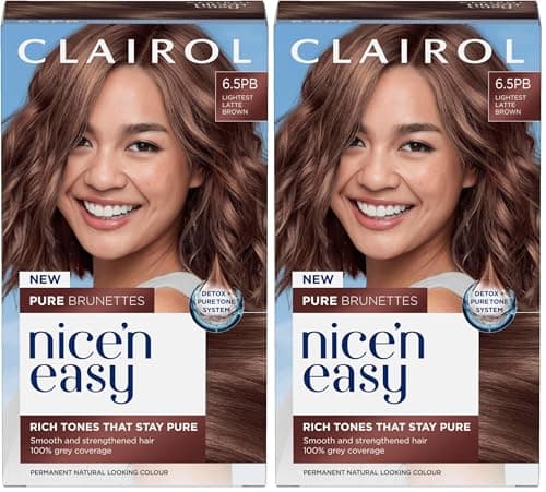 Image of Clairol Nice n’ Easy Pure Brunettes Hair Colour | Pure and Rich Brown Tones | Smooth, Natural Hair Colour | With Pre-Colour Serum | 100% Grey Coverage | 6.5PB Lightest Latte Brown| Permanent Hair Dye