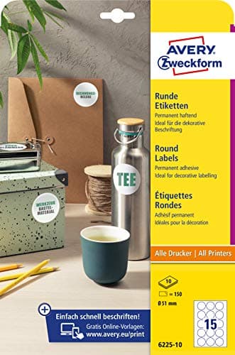 Image of AVERY Zweckform 6225-10 Round Labels (150 Adhesive Dots, Diameter 51mm, White) - Printable, Permanent, Environmentally Friendly