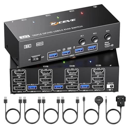 Image of KVM Switch 3 Monitors 3 Computers 8K@60Hz 4K@144Hz, HDMI+2 Displayport KVM Switch Triple Monitor for 3 PC Share 3 Monitor and 4 USB3.0 Devices,Wired Remote and USB Cables Included