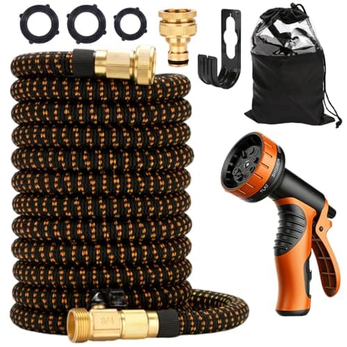 Image of Expandable Garden Hose, 75ft Expanding Hose with 10 Function Spray Gun, Flexible Expanding Garden Hose Pipe with 3/4"&1/2" Solid Brass Connectors Durable Weave & No-Kink for Gardening, Cleaning