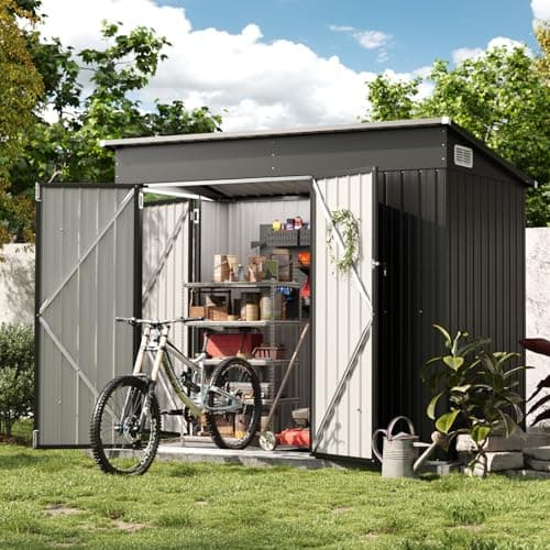 Image of Aoxun 8x4ft Metal Garden Shed Pent Roof, Bike Sheds and Outdoor Storage 234×131×185 cm, Weatherproof Garden Storage Shed with Triple Lockable Door for Garden, Patio, Courtyard, Backyard, Black