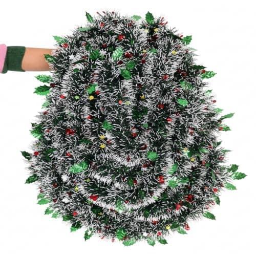 Image of 10m Green Chunky Tinsel With Holly & Berries – 10 Metres Sparkly Xmas Garland for Christmas Tree Decorations, Home & Office Christmas Décor UK