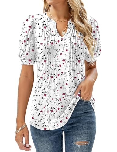 Image of EFFAN Women Tops Tunic Short Sleeve Summer T Shirts Ladies Clothes Dressy Fashion Blouses Rose Floral M (UK 12-14)