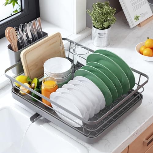 Image of Kitsure Dish Drying Rack- Space-Saving Dish Rack, Dish Racks for Kitchen Counter, Stainless Steel Kitchen Drying Rack with a Cutlery Holder, Large, Grey