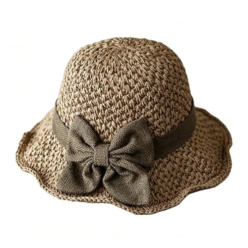 Image of Straw Bucket Hats for Women, Versatile Retro Woven Handmade Straw Hat with Ruffled Bow, Adjustable Drawstring Foldable Braided Elegant French Sun Hat for Summer Outdoor Travel Vacation Brown