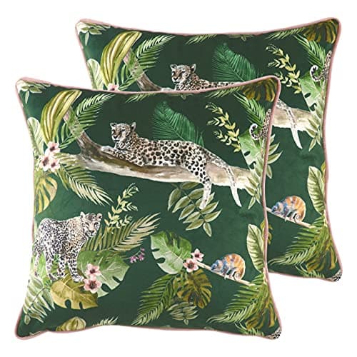 Image of furn. Evans Lichfield Jungle Leopard Feather Filled Cushions (Twin Pack), Polyester, Green
