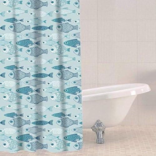 Image of Sabichi PEVA Blue Shower Curtain - 180 x 180 cm (71 x 71 Inch) - Baby Fish Patterned - Multicolour Shower Curtain - Mould Resistant - Easy To Clean - BPA Free - Includes 12 Plastic Hooks