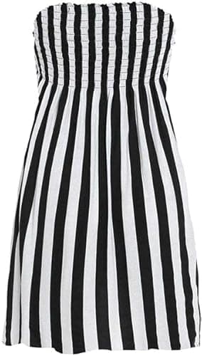 Image of Womens Floral Printed Bandeau Sheering Short Dress Strapless Boob Tube Top, Ladies Casual Elasticated Gather Bust Summer Mini Beach Cover Up Boobtube Tops UK Plus Size 8-22, Vertical Stripe-12-14