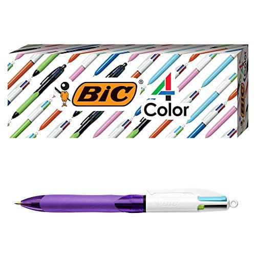 Image of BIC 4-Color Grip Ballpoint Pen, Blue Barrel, Medium Point (1.0mm), Assorted Inks, 3-Count