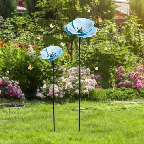 Image of 2 Pack Weatherproof Outdoor Garden Ornaments, Metal Poppy Flower Bird Feeder Garden Stakes Outdoor Decoration for flower beds balconies (blue)