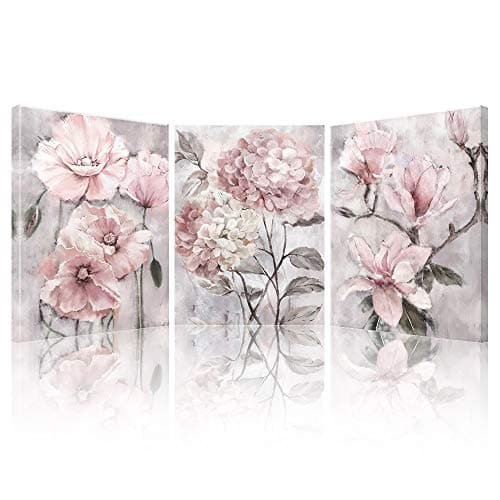 Image of SUMGAR Pink Wall Art Flowers Canvas Prints Floral Pictures Modern Paintings Grey Artwork Framed for Bedroom Bathroom Living Room Home Wall Decor 30x40cm 3 Panels