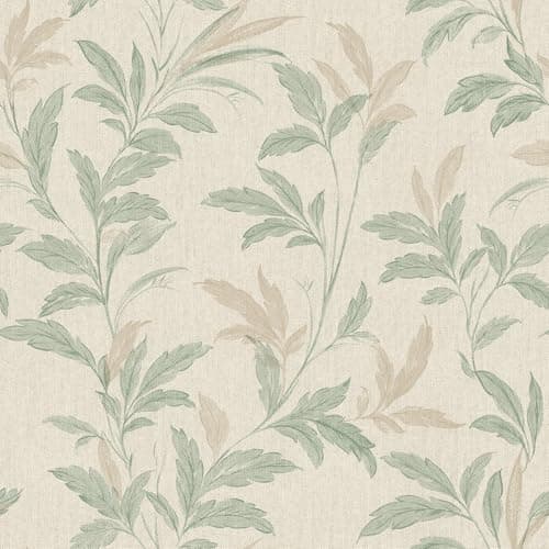 Image of Grandeco Organic Leaf Trail Linen Textured Wallpaper, Sage Green Beige