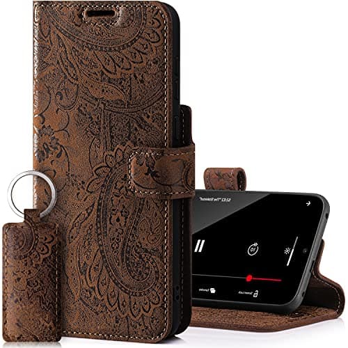 Image of SURAZO Prestige Leather Case for Apple iPhone 13 Mini - RFID Wallet Flip Cover with 3 Card Slots & Cash Pocket - Secure Magnetic Closure & Kickstand - Real Leather Folio Bumper (Ornament Brown)