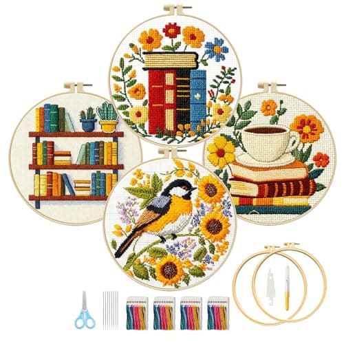 Image of Cross Stitch Kits for Adults – 4 Pack 11CT Stamped Cross Stitch Kit for Beginners with 2 Hoops & Threads, Easy DIY Embroidery Starter Craft Set, Printed Designs for Home Decor & Gift(Books and Bird)