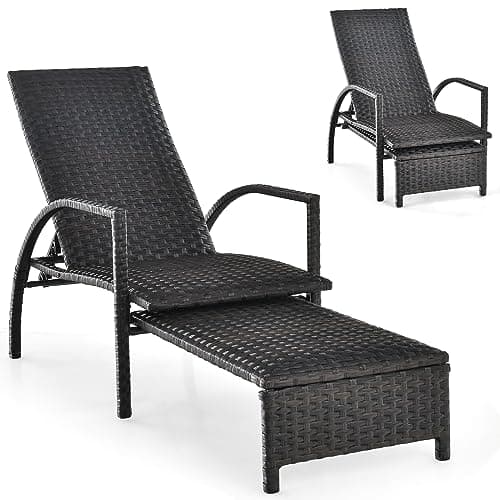 Image of COSTWAY Rattan Sun Lounger, 5/6-Level Adjustable Garden Chaise Lounge Chair Sunbed with Retractable Footrest, Outdoor Wicker Recliner Chair for Patio Balcony Poolside (Mixed Dark Brown, Cotton+Rattan)