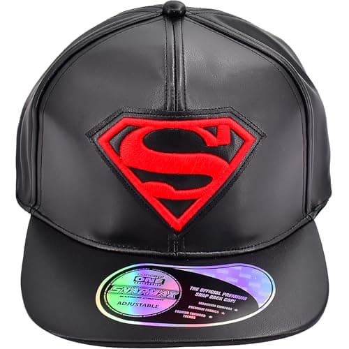 Image of Concept One Unisex's Dc Comics Superman Snapback, Adult Baseball Hat with Flat Brim and 3D Embroidered Shield Logo Cap, Black, One Size
