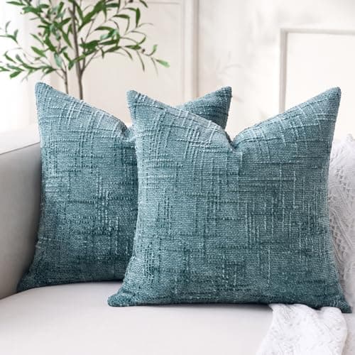 Image of Duck Egg Cushion Covers 50 x 50 Chenille Modern Farmhouse Decor Sofa Pillow Throw Cushions Cozy Home Finds Decorative 50cm x 50cm Cushion Covers Blue for Sofa Living Room Home Decoration Bedroom Couch