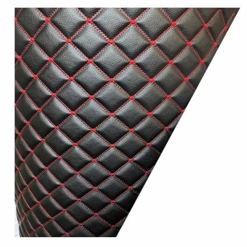 Image of Faux Leather Quilted Diamond Fluted Car Seating Vehicle Upholstery Fabric，Vinyl PVC Leather Stitch Padded Cushion Linen Wadding(Black (red line),1.6x10m)