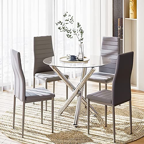 Image of je Dining Table and Chairs Set of 4, 90 cm Glass Round Chrome Leg Table with High Back Faxu Leather Chairs for Dining Room,Kitchen