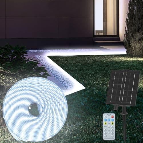 Image of CCILAND 10M Solar LED Strip Lights Outdoor, IP68 Waterproof Light Strip with 8 Modes Remote Dimmable Flexible Sleeve Strip for Garden Porch Patio Gazebo Decor - Cool White