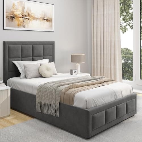 Image of Upholstered Single Ottoman Bed Frame with Mattress Included, UKFR Velvet Grey Ottoman Storage Bed with Gas Lift End Opening Wooden Slats with Storage Bed (3ft Single 90 x 190, Mattress Included)