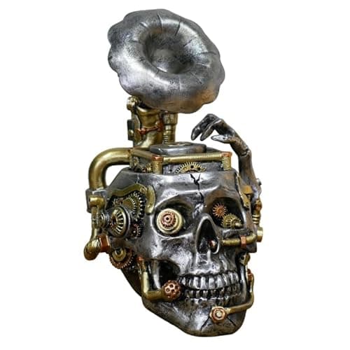Image of Gifts Direct 2 U Steampunk Skull Head Record Player Bronze Ornament Vintage Mechanical Resin Decor