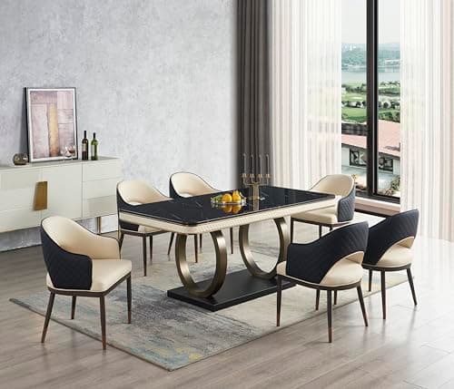 Image of Emporium Furniture Dining Set 6 Seater Rectangle Dining Table 1.8m Black Marble Top with 6/8 Dining Chairs Sets (Hampton Dining Table + 8 chairs, 180x90x75)
